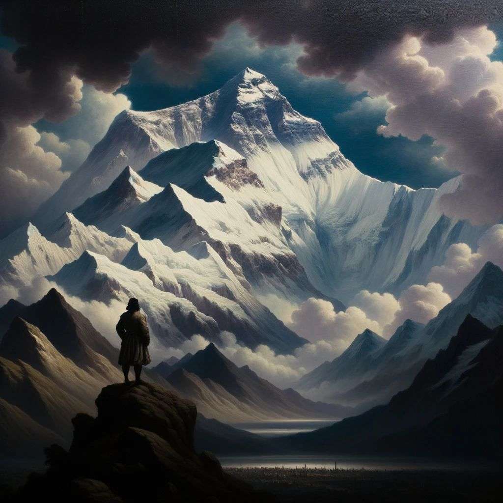 someone gazing at Mount Everest, painting, baroque style